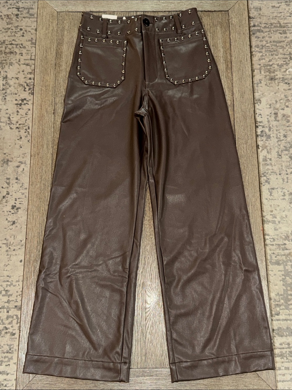 Maeve The Colette Full Length Faux Leather Studded Pants Chocolate Brown